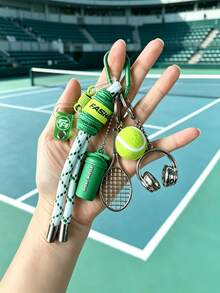 Sports Tennis Keychain, Mini Tennis Racket Ball Headphone Charms Braided Rope Carabiner Key Ring, Preppy Sporty Backpack Bag Pendant Gift For Friends - Multicolor - View 2