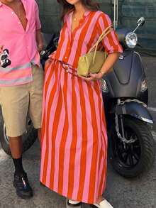 2pcs Plus Size New Fashion Elegant Striped Bohemian Casual Women's Set Beach Vacation Daily Date Street All Seasons - Orange Pink - View 5