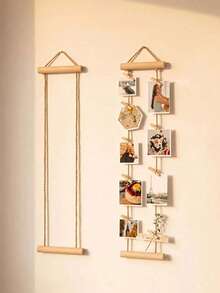 1 Set Bohemian Style Natural Wooden Photo Wall Hanging Decor, No-Drill Photo Display Rack, Includes 15 Clips, Rustic Vertical Photo Holder, Suitable For Bedroom, Dorm Or Apartment, Thoughtful Gift For Family And Friends, Home Memorial Photo Display Rack - Multicolor - View 1
