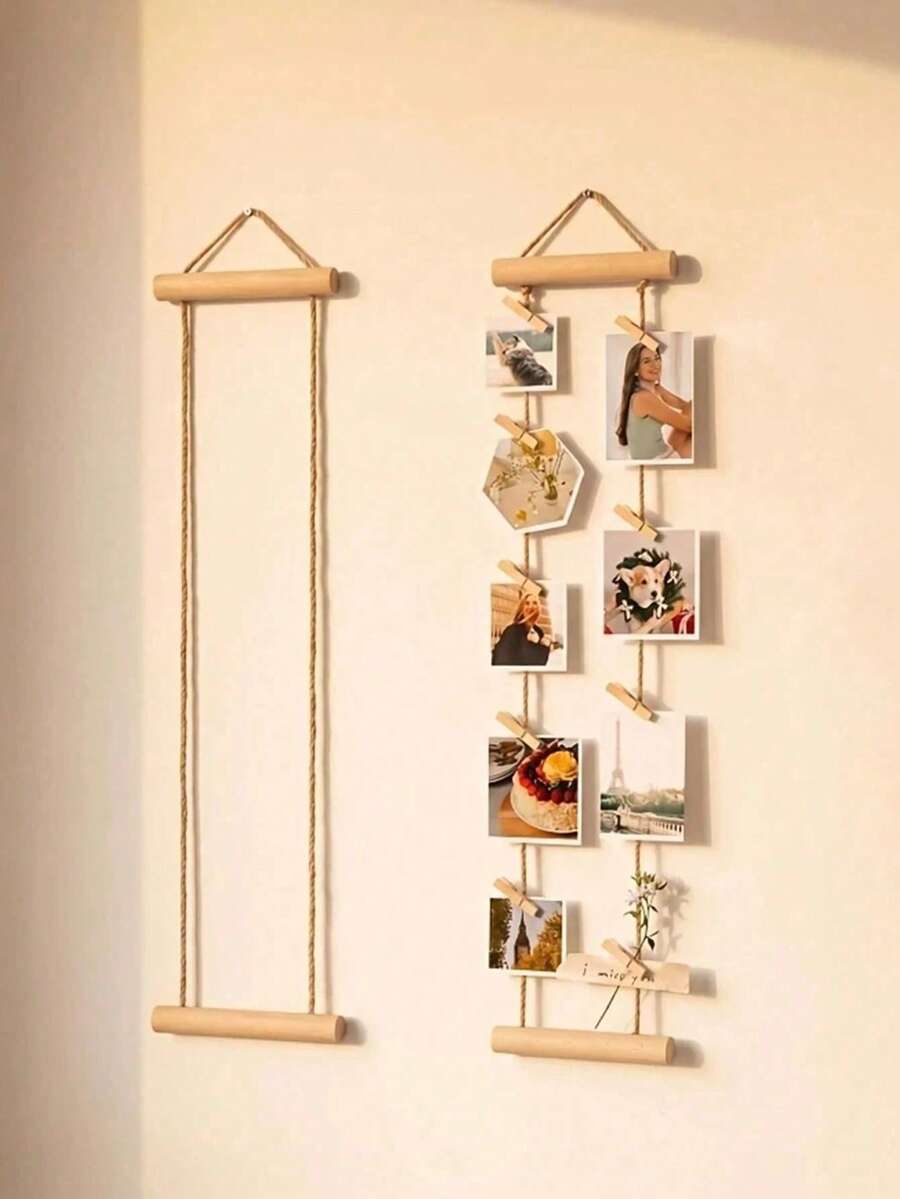 1 Set Bohemian Style Natural Wooden Photo Wall Hanging Decor, No-Drill Photo Display Rack, Includes 15 Clips, Rustic Vertical Photo Holder, Suitable For Bedroom, Dorm Or Apartment, Thoughtful Gift For Family And Friends, Home Memorial Photo Display Rack - Multicolor - View 1