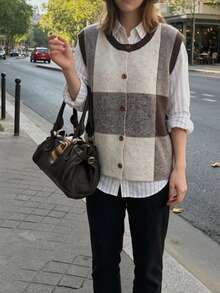 Women's Autumn/Winter Color Block Patchwork Round Neck Knit Cardigan Vest, Simple Casual Sweater Top, Versatile Style - Beige - View 2