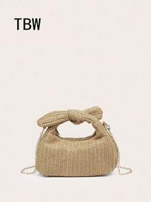 1pc Women's Straw Handbag With Wrist Bow Decoration, Shell And Starfish Accents, Suitable For Shopping, Outings And Beach Vacation - Camel - View 1