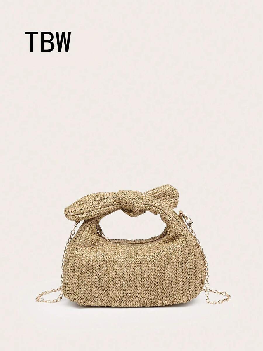 1pc Women's Straw Handbag With Wrist Bow Decoration, Shell And Starfish Accents, Suitable For Shopping, Outings And Beach Vacation - Camel - View 1
