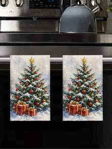 2pcs/4pcs Watercolor Snowy Christmas Tree Kitchen Towels, Falling Snow Christmas Tree Colorful Balls Red Gift Box Print, Cozy Holiday Hand Towels, Kitchen Baking Decor Towels - Multicolor - View 6