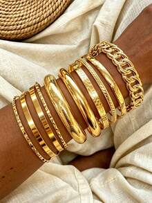 15/10/5pcs Vintage Luxurious Old Money Style Knotted Pattern Smooth Gold Bracelet Set, Suitable For Women's Daily Wear, Party, Vacation, Gift - Gold - View 7