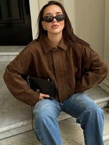 Women's Elegant Loose Fit Aviator Jacket, Epaulettes Lapel, Snap Button Front, Lightweight All-Season Outerwear - Brown - View 4