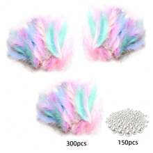 250/350/450pcs Macaron Color Mini Feather Handmade Bulk Pack, Includes 150 Pearls, Mixed Color Fluffy Decorative Feathers, Soft DIY Materials, Suitable For Wedding Party Home Decor And Photography Props - Multi-color - View 2