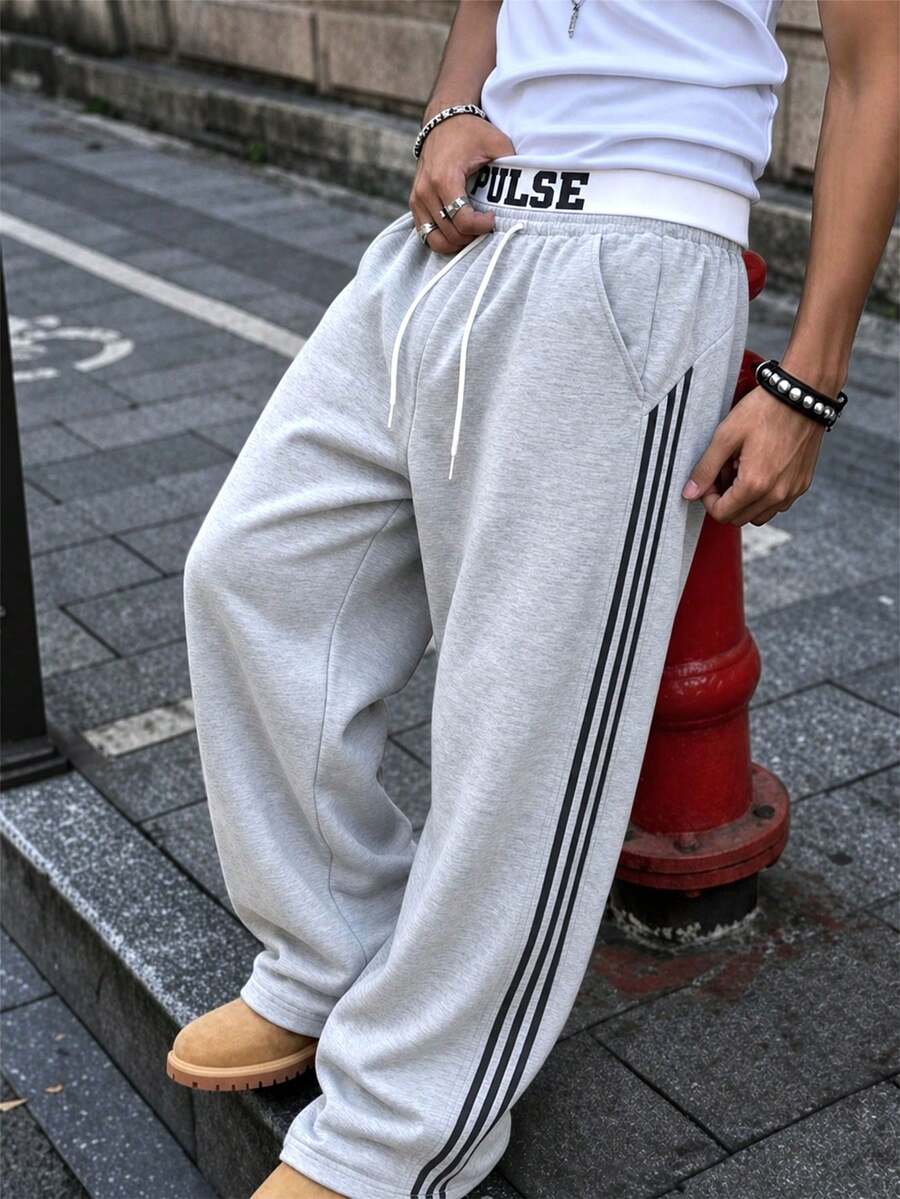 1件男士春夏側條紋運動長褲,高街品牌,百搭垂墜直筒休閒運動褲 - 淺灰色 - 查看 1