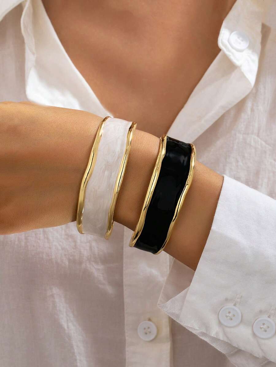 2pcs/1pc Fashion New Elegant High-End Casual Multi-Functional Zinc Alloy Material White+Black Oil Drip Women's Minimalist Geometric Wave Bracelet Set - Black and White - View 1