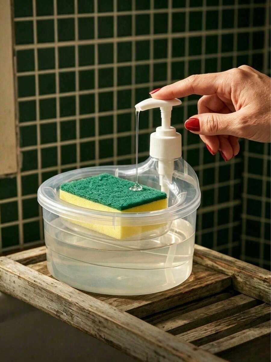 1pc Manual Squeeze Bottle With Automatic Refill Dispenser, Kitchen Cleaning Tool, Kitchen Storage, Suitable For Kitchen Sink, Bathroom Decor, Autumn Decor And Back To School Season, Includes Sponge Brush Set And Large Capacity Dish Soap Dispenser
