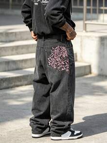 Men's Wide Leg Jeans, Decorative Faux Back Pockets With Cherry Blossom Tree Embroidery, Vintage Street Style Casual Long Pants - Grey - View 1