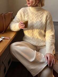 Happyevery Women's Autumn/Winter Casual French Style Solid Color Vintage High Neck Cable Knit Long Sleeve White Sweater Fall - White - View 3