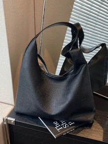 極簡風純黑色PU布料女款單肩包，時尚百搭大容量收納托特包/通勤包 - 黑色 - 查看 7