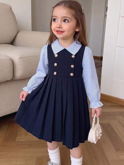 BASUSARRI Young Girls Dress With Collar, Buttons, Striped Patchwork, Pleated Hem, Preppy Style, Fashionable Elegant, Campus School Uniform, Simple And Stylish