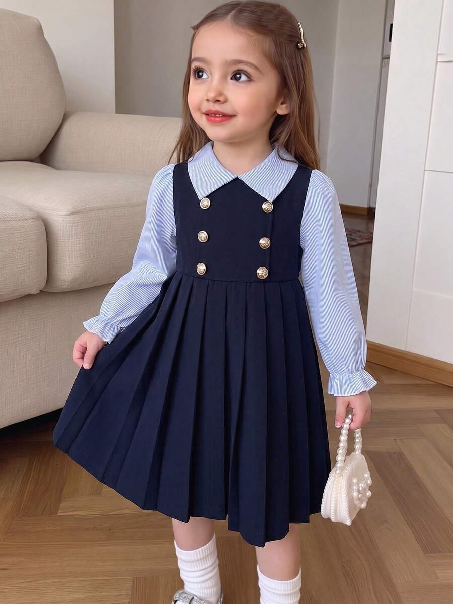 BASUSARRI Young Girls Dress With Collar, Buttons, Striped Patchwork, Pleated Hem, Preppy Style, Fashionable Elegant, Campus School Uniform, Simple And Stylish
