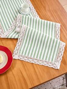 1/16PCS Vintage Minimalist Green & White Striped Lace Table Runner, Reusable Long Tablecloth For Coffee Table, Cabinet, Outdoor Holiday Decor, Suitable For Living Room, Dining Room, Holiday Party, Family Gathering, Wedding Banquet, Birthday Table Decoration - Green - View 2