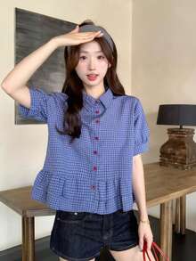 Blus Wanita Motif Kotak-kotak Gaya Korea dengan Kancing dan Hiasan Rumbai - Biru - View 11