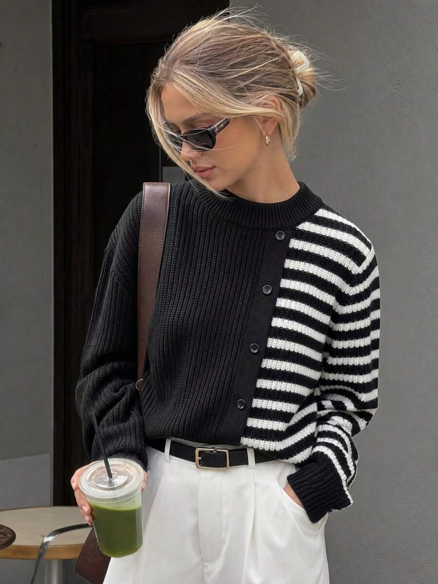 2026 Autumn/Winter Women's New Striped Patchwork Thick Sweater With Buttons - Black and White - View 1