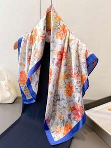 1件女款純色印花正方形絲巾頭巾 包頭裝飾絲巾 適合日常使用 - 藍色 - 查看 5