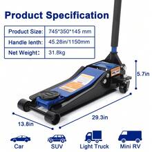 3 Ton Low Profile Hydraulic Floor Jack – Heavy Duty Q235B Steel – Dual Pump Quick Lift – Professional Trolley Jack for Cars, SUVs, Trucks – Ideal for Garage, Workshop & Auto Repair - Blau - Übersicht 5