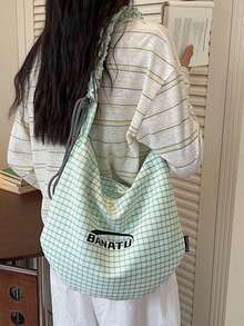Bolso de hombro con estampado de patrón de cuadros texturizados, detalle de decoración de correa de hombro plisada, estilo casual y relajado, bolso de hombro en forma de media luna para mujer, bolso para uso diario, compras y viajes, bolso grande suave y relajado, bolso de hombro para combinar a diario - Verde - Ver 7