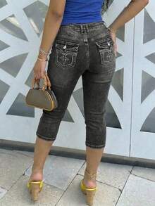 Women's Denim Capri Shorts With Pocket Embroidery, Stretch Slim Fit - Dark Grey - View 2
