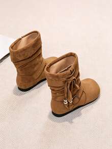 Girls' Ruched Mid-Calf Boots, Vintage Buckle Decor Boots, Fleece Lined Casual Winter Mid-Calf Boots, Suitable For Autumn/Winter Daily Wear - Brown - View 2