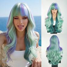 7JHH WIGS Hallowmas Green Purple & Blue Highlights Long Wave Curly Wigs For Women 26 Inch With Bangs, Synthetic Heat-Resistant Fiber Colorful Costume Wig For Cosplay Wear,Party Carnival Festivals Use - Multicolor - View 13