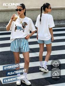Kaos Lengan Pendek Kerah Bulat Ukuran Besar, Motif Anjing Bahagia, Kain Elastis, Kasual Putih Musim Panas - Putih - View 1