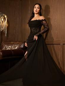 Elegant Black Long Sleeve Off-Shoulder Evening Gown With Contrast Lace And Slit Hem - Black - View 7