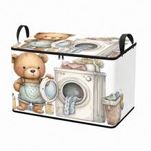 1pc Cute Cartoon Bear Laundry-Themed Fabric Storage Box With Zipper And Double Handles, Foldable Wardrobe Organizer Box For Storing Clothes, Bedroom Shelf Storage - Multicolor - View 9