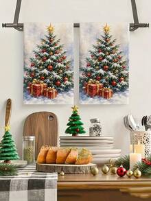2pcs/4pcs Watercolor Snowy Christmas Tree Kitchen Towels, Falling Snow Christmas Tree Colorful Balls Red Gift Box Print, Cozy Holiday Hand Towels, Kitchen Baking Decor Towels - Multicolor - View 7
