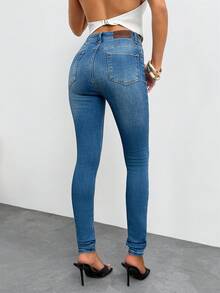 Women's High Waist Blue Skinny Jeans - Blue - View 2
