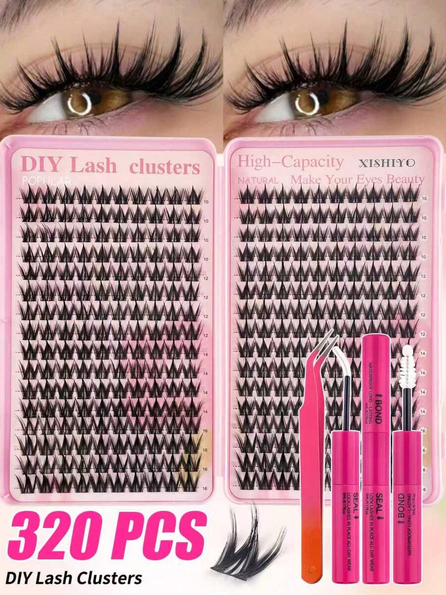 320pcs Single Lash Clusters, Lash Cluster Set, Fine Lash Clusters, Natural Lash DIY Lash Extension Set, Cluster Lash Set (320 Clusters, 10-16mm) - Lightweight Natural Style Lash Extension Set, Featuring Fine Stem Design, Includes Adhesive And Setting Liquid, Suitable For Home DIY.