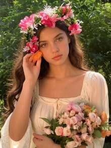 1pc Girls Fairy Style Pink Floral Wreath Headband, Forest Style Artificial Flower Headband, Girls Hair Accessory - Multicolor - View 2