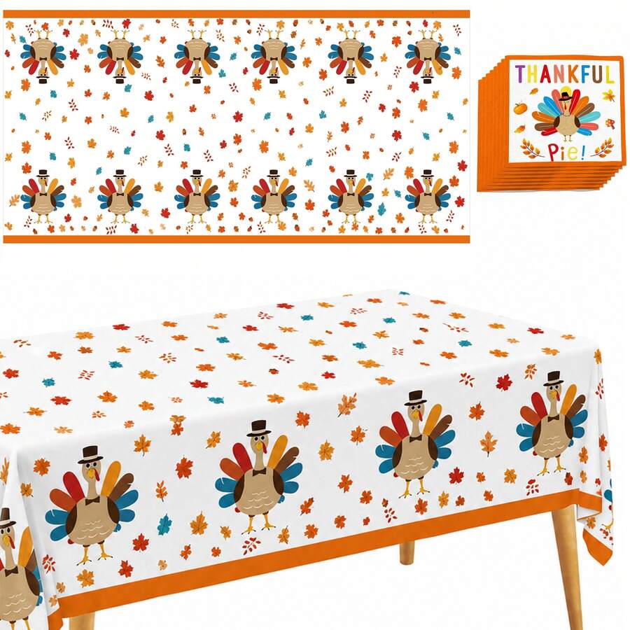 41pcs/Set Thanksgiving Tablecloth And Paper Napkin Set, Turkey Maple Leaf Tablecloth Napkins, Autumn Harvest Party Dinner Decoration Supplies - Multicolor - View 1