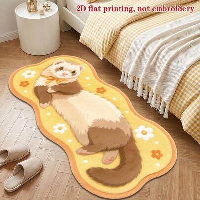 1pcins Cream Yellow Lying Ferret Shaped 2D Flat Print Floor Mat, Cute Bowknot Soft Window Sill Bedside Blanket, Bathroom Floor Mat, Shaped Size, Cutting Error 1-5cm, Decorative Carpet, Bedroom Decor, Small Rug, Carpet, Home Decor, Living Room Carpet, Living Room Small Rug, Bedroom Carpet, Living Room Home Decor, Outdoor Carpet, Washable Carpet,