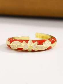 1pc Bohemian Vintage Fashion Colorful Pattern Enamel Open Ring, Suitable For Women's Daily And Vacation Wear - Multicolor - View 4