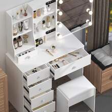 Teousev Dressing Table With LED Lights Mirror & Stool, Vanity Makeup Table With 5 Drawers, Open Storage Shelves, 3 Colour Adjustable Light, Lockable Drawers, White Cosmetic Desk For Bedroom - White - View 6