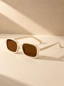 Gentle Cream White Small Square Frame Women's Vintage Sunglasses, Side Rivet Embellishment Details, Beach Outing Daily Commute Soft Atmosphere Outfit - Multicolor - View 2