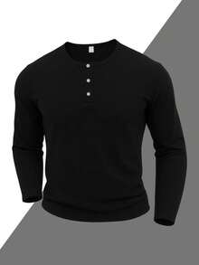 Men's Outdoor Long Sleeve Henley Shirt, Solid Color Button Placket Crew Neck Breathable Lightweight Casual Hiking Climbing Top - Black - View 2