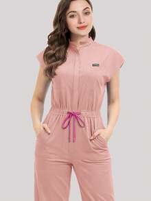 Scrubs Set For Women Uniform With Pockets Zipper Stand Collar Drawstring Design Surgical Gown Set Clinic - Pink - View 3