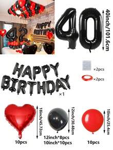 53 件红色和黑色气球花环生日套装，40 英寸黑色聚酯薄膜数字气球，适合 16 岁、18 岁、20 岁、21 岁、22 岁、25 岁、30 岁、35 岁、40 岁生日派对装饰、房间装饰、摄影道具 - 紅黑色 - 查看 12
