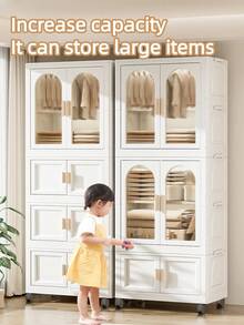 23.6inch Folding Children Wardrobe Closet, Large Capacity Stackable Children Storage Cabinet With Hanging Rod, Portable Foldable Clothing Organizer With Lid And Wheels, Formaldehyde-Free Baby Closet For Bedroom Nursery Apartment, Local Delivery - Multicolor - View 8