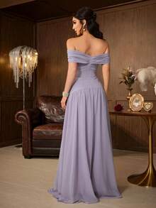 Gaun Formal Panjang Lipit Berpayet Warna Blok Bahu Terbuka Elegan untuk Wanita, Gaun Pesta 2-in-1 yang Menawan dengan Hem Mengembang - Mauve Purple - View 2