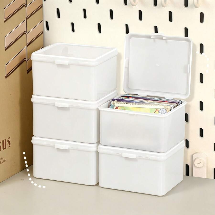 Dust-Proof Stackable Mini Plastic Storage Box With Lid, Multi-Functional Desktop Organizer, Portable Small Container For Trading Cards, Stickers, Jewelry And Stationery, Card Box, Business Card Holder, Miscellaneous Storage Box, Cream White Large Storage Box, Thickened Material, Durable And Sturdy, Back To School Season Recommended, Back To School Season Recommended, Classified Storage, Made Of And Material, Easy To Access, Large Capacity Storage Organizer Box - Multicolor - View 1