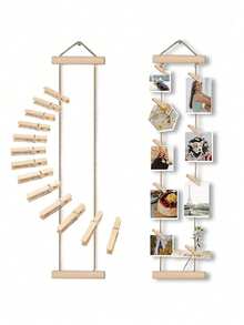 1 Set Bohemian Style Natural Wooden Photo Wall Hanging Decor, No-Drill Photo Display Rack, Includes 15 Clips, Rustic Vertical Photo Holder, Suitable For Bedroom, Dorm Or Apartment, Thoughtful Gift For Family And Friends, Home Memorial Photo Display Rack - Multicolor - View 7