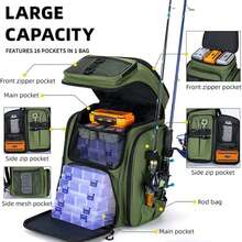 Multi-Scenario Lure Fishing Gear Backpack, 18 Pockets And Fishing Rod Holder, High-Density Waterproof Oxford Fabric, Honeycomb Breathable Back Pad With D-Ring, Large Capacity Gear Storage Space, Suitable For Outdoor Fishing, Hiking, Travel And Cycling - Multicolor - View 4