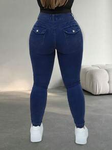 Plus Size Women's 9/10 Length Slim Fit Jeans, High Stretch Washed Denim With Button, Zipper And Pockets, Fashionable Autumn Pants - Deep Blue - View 5