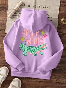 Tween Girls Fall Pullover Hoodie, "After While" Crocodile & Colorful Stars Back Graphic Print, Loose Casual Top - Mauve Purple - View 3
